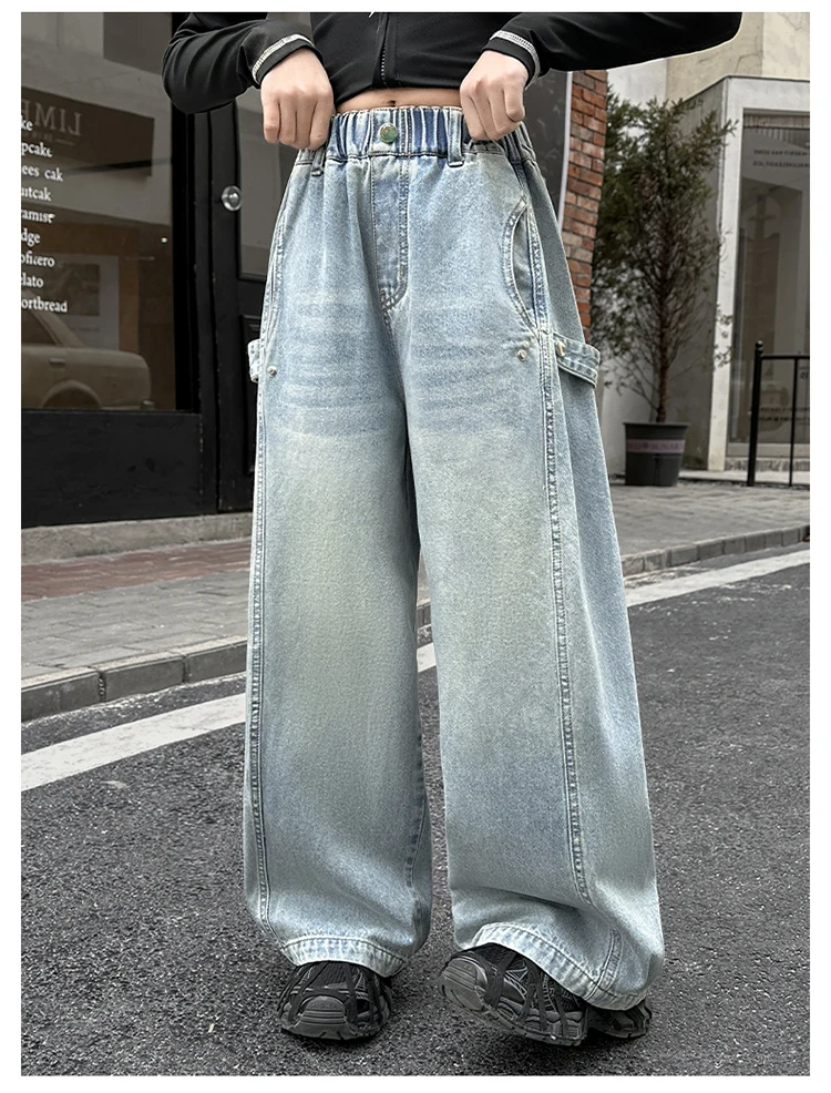 Lose geschnittene Baggy-Jeans im Harem-Stil für junge Mädchen, Kinder-Street-Denim-Hosen für Alter 5 6 7 8 9 10 11 12 13 14 Jahre – Detail 2