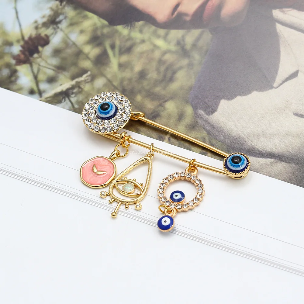 Muslim Islam Arabic Four Korah Sutra Fatima Turkey Evil Eye Alloy Brooch Pins Religious Style Amulet Jewelry Brooches for Women