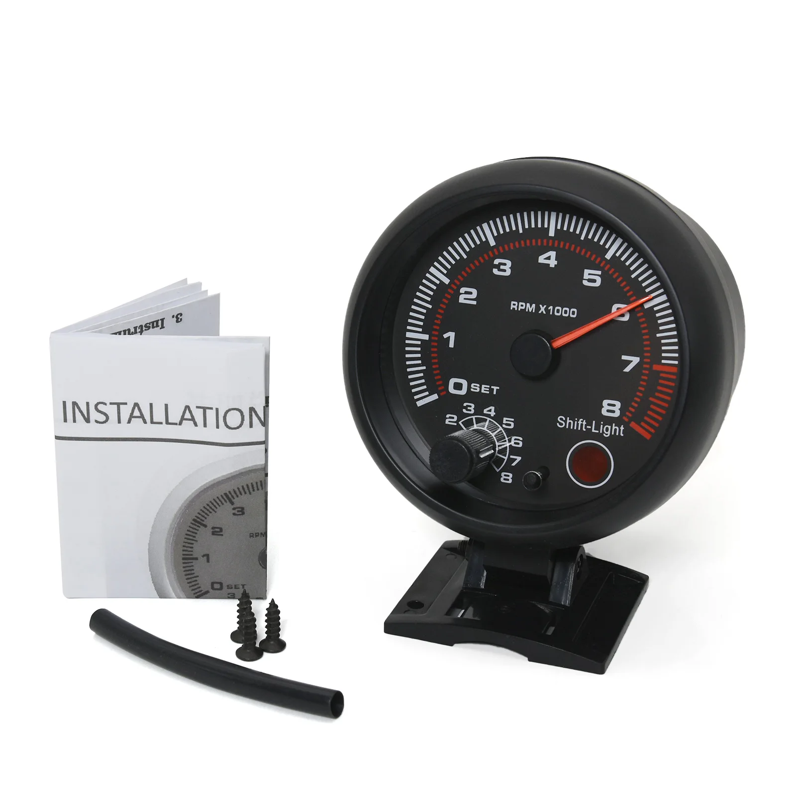 AD Black Tachometer Gauge with Red Shift Light Universal 3.75 Inch 95mm 12V White LED Auto 0-8000 RPM Meter Tacometro Tach Gauge