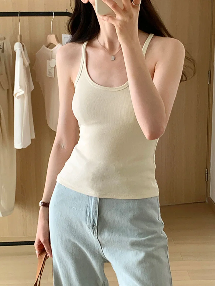 Summer New Solid Color Simple Women's Tanks Slim Casual Fashion Female Top Apricot Dark Grey Dark Coffee Black Tanks