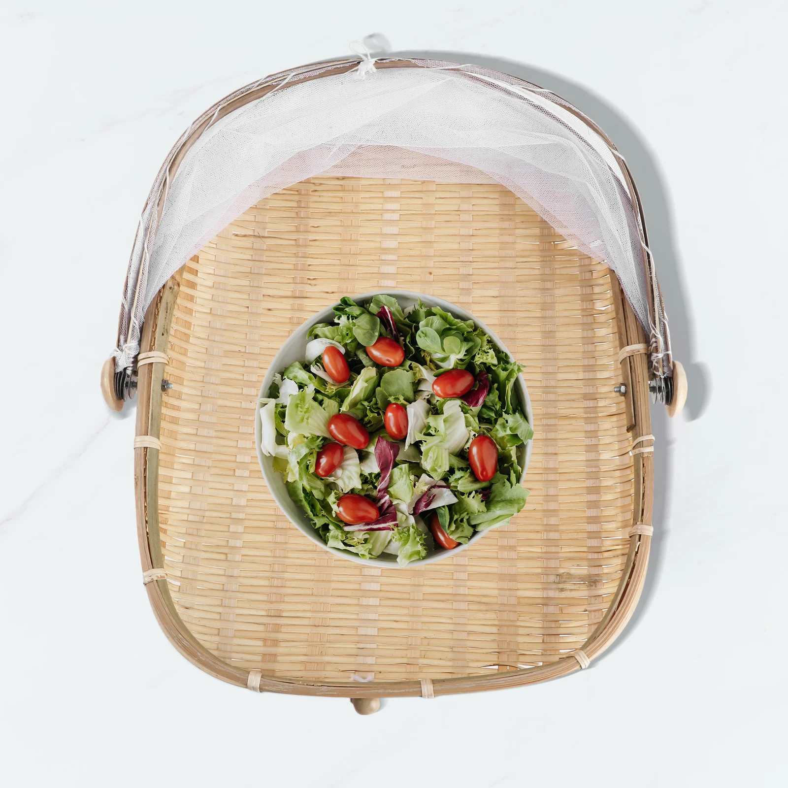 

1Pcs Bamboo Woven Basket with Net Cover for Food Storage Bread Snacks Desserts Protection Household Kitchen Organizer Container