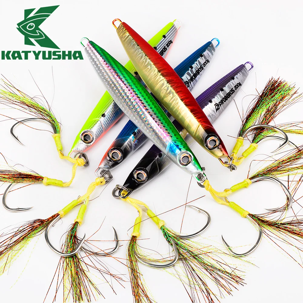 

KATYUSHA Laser Coating Realistic 3Dfisheye Metal Plate Lures 1PC Feather Assisted Hook Bass Sturgeon Trout Seawater Fishing Bait