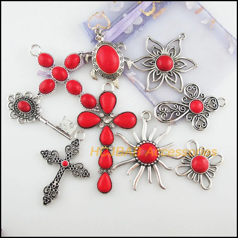 Retro Tibetan Silver Plated Flower Key Sun Cross Red Turquoise Stone Charms Pendants