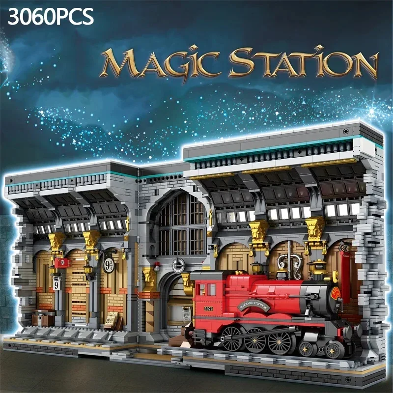 3060PCS Train Station Magic Bookend MOC Model Building Blocks Creative Street View Assembly Bricks Set With Light Kids Toys Gift