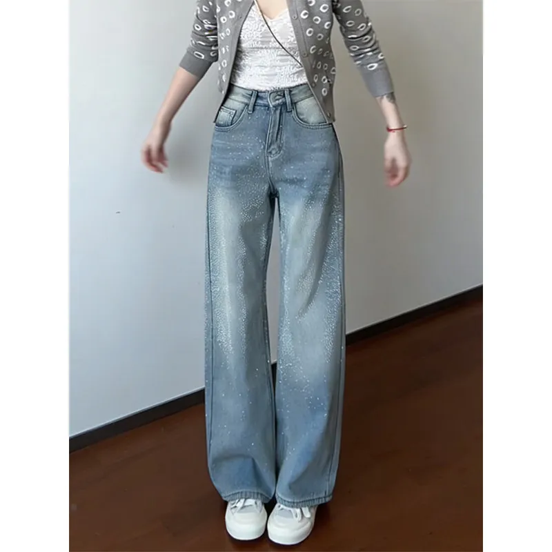 

High Waist Flared Denim Jeans Women's Spring 2026 Glittering Hotfix Rhinestone Floor-Length Straight Leg Trousers