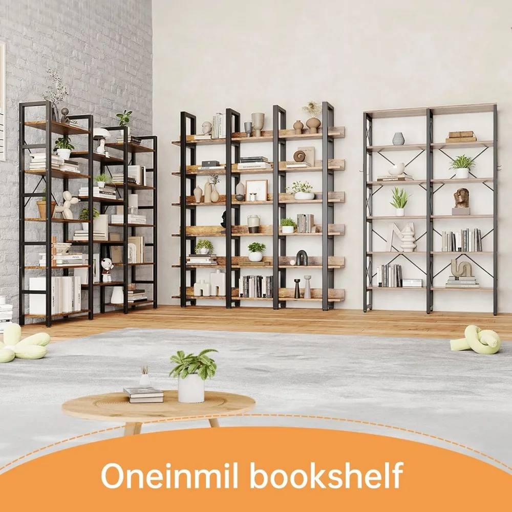 71" Tall Triple Wide 6 Tier Bookshelf, Industrial Style Bookcases, Open Display Shelves, Modern Tall Bookcase Furniture