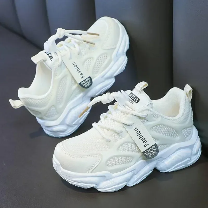 Big Girls Mesh Breathable White Sneakers for Children's Korean Version Platform Sports Running Daddy Shoes