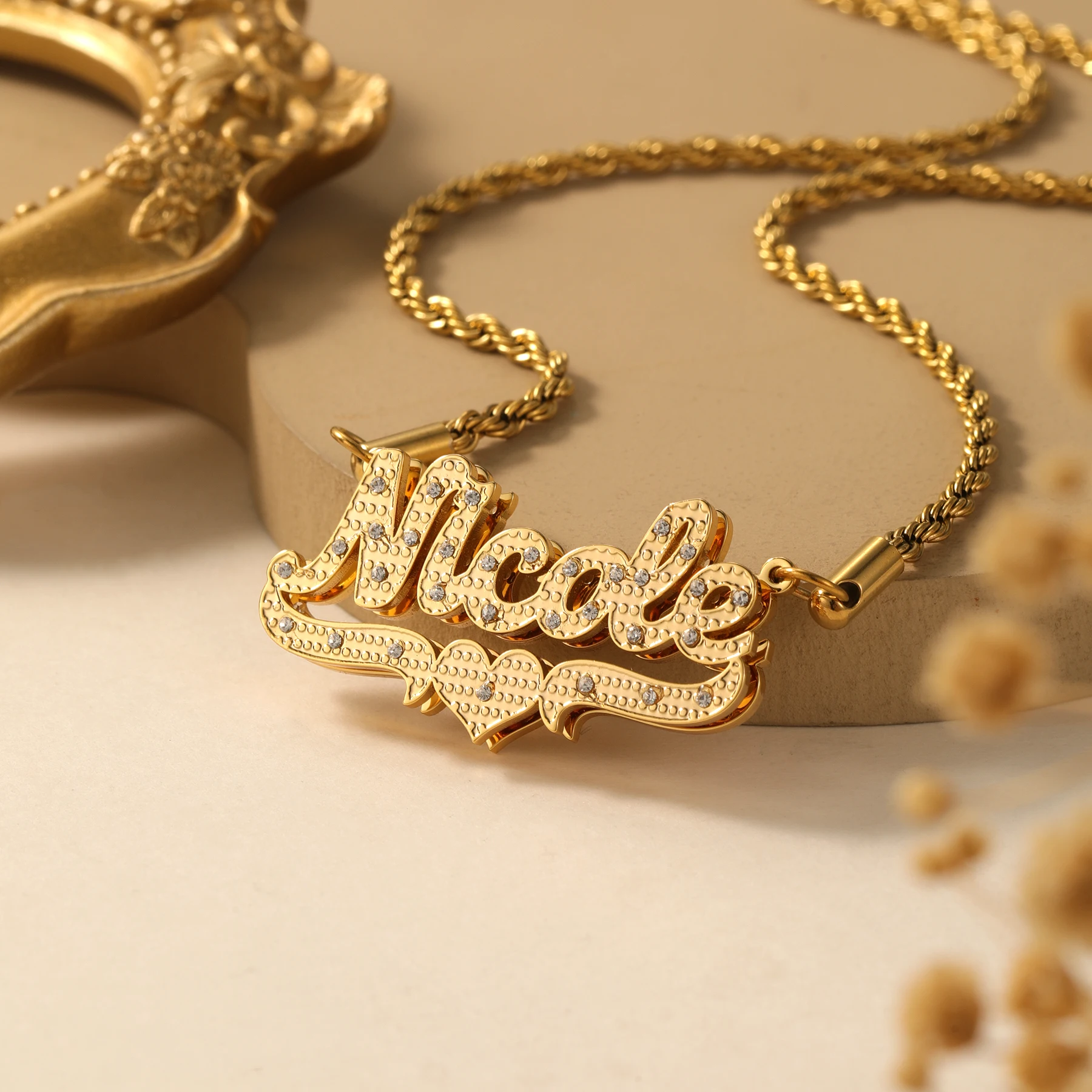 

Double Layer Name Necklace Etched Diamonds Stainless Steel 18K Gold Plated Custom Name Pendant Personalized Jewelry Gift for Her