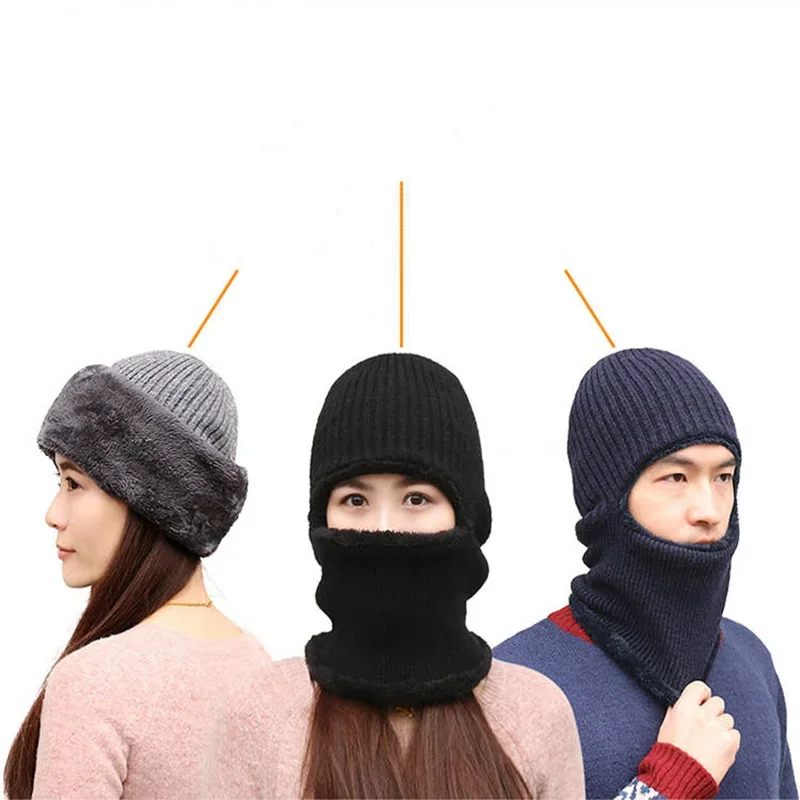 Coral Fleece Winter hat Beanies Men's Hat Scarf Warm Breathable Wool Knitted Hat For women Double Layers protection cap