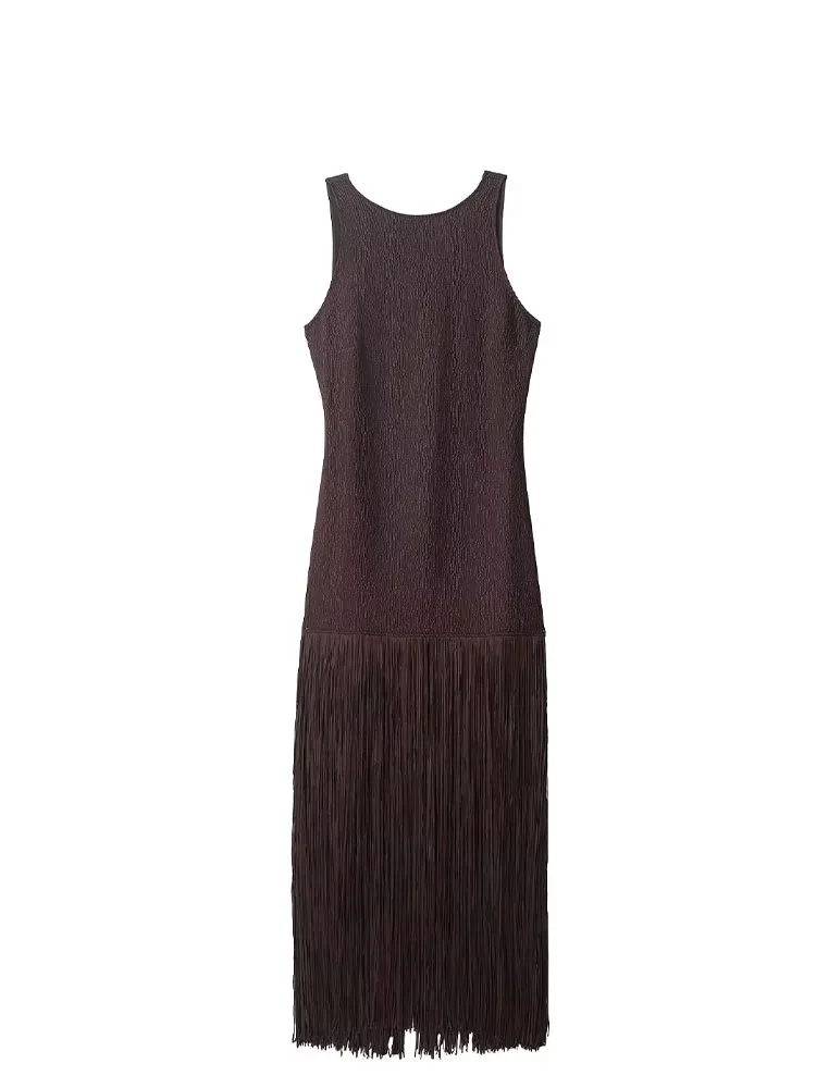 HH Abito lungo estivo da donna Solido O-Collo Backless Scava fuori Nappa Decorazione Cerniera Moda femminile Abiti senza maniche 2025