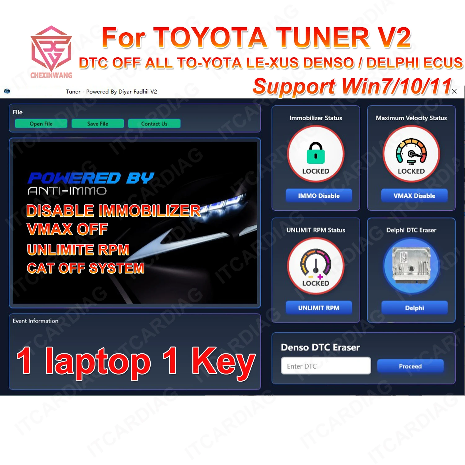 

DTC OFF For TOYOTA TUNER V2 Support DISABLE IMMOBILIZER & VMAX OFF & UNLIMITE RPM for all TOYOTA / LEXUS DENSO / DELPHI ECUS