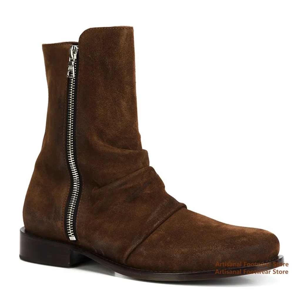 

Brown Suede Chelsea Boots Side Zipper High-Top Men's Booties Luxury Designer Handmade Men Boots Height Increased Men Shoes