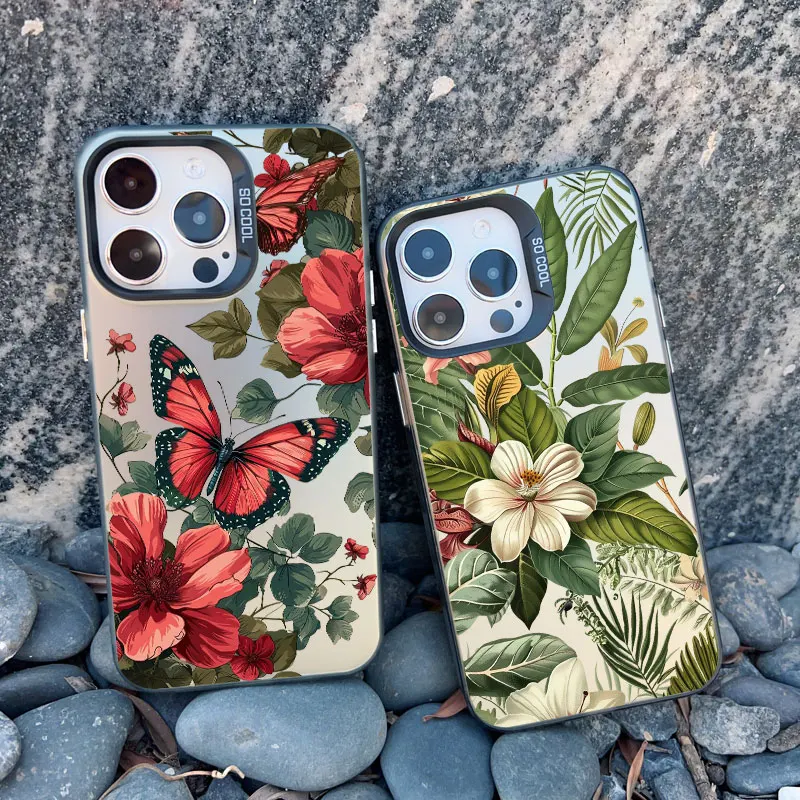 Vintage Flower Phone Case For iPhone 16 15 14 Pro Max 12 11 13 Pro Max Mini 14 15 16 Plus Butterfly Plant Shockproof Laser Cover