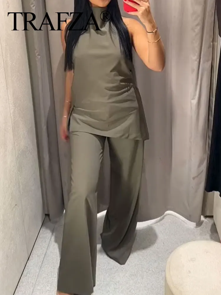 TRAFZA 2024 Woman Trouser Sets Solid Backless Sexy Halter Neck Camis Top + Elastic Waist Streetwear Female Wide Leg Long Pant