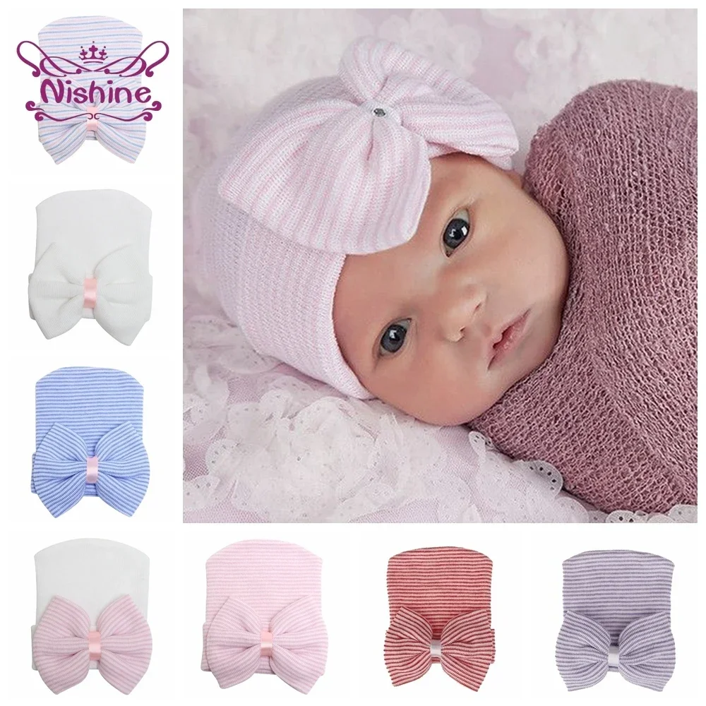 1PCS Newborn Infant Stripe Bowknot Hat Baby Girls Knitted Big Bow Cap Toddler Beanie Bonnet Kids Headwear Hair Accessories