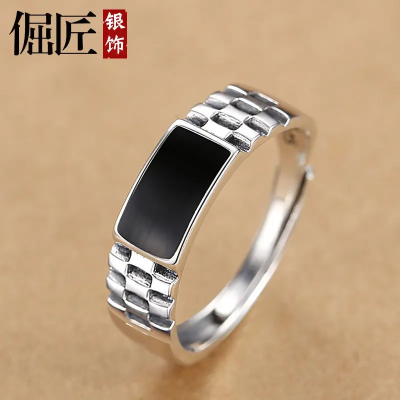 925Silver Men's Ring Personality FashionINSHip Hop Single Index Finger Ring Boys Hip Hop Decoration Adjustable Mouth