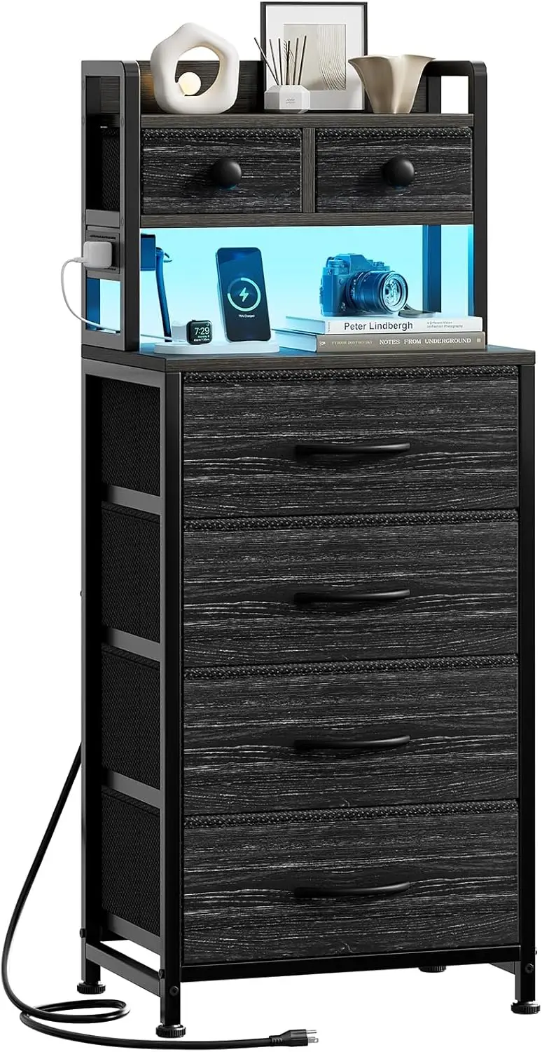 

41' Black Wood Grain Nightstand with Charging Station & 6 Drawers