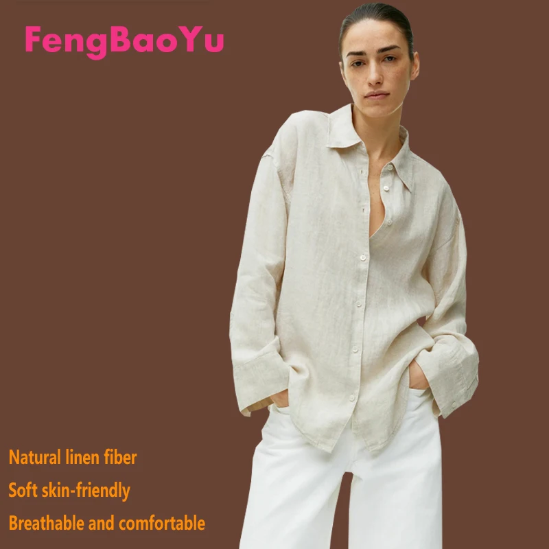 Fengbaoyu High-end Linen Spring Autumn Women's Long-sleeved Shirt Temperament Simple Light Luxury Women Comfortable and Loose