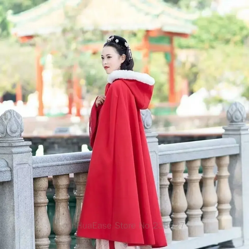 WATER Hanfu Cloak Jacket Ancient Women\'s Plush Thickened Winter Clothing Embroidered Cape White Red Chinese New Year Coat