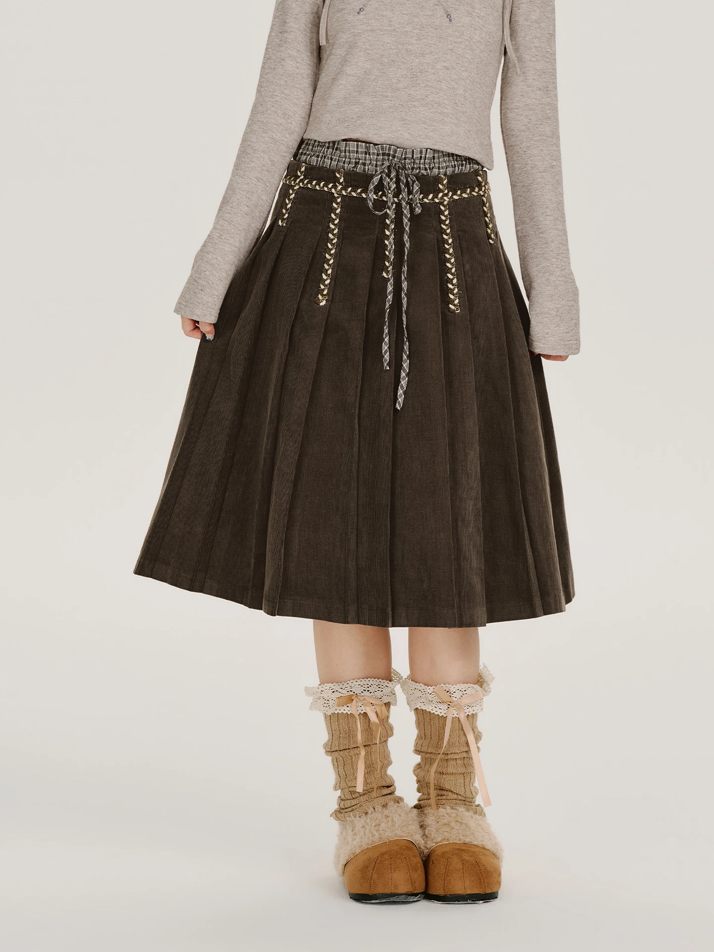 Girlyhalo American Retro Plaid Splicing Belted Pleated  Skirt Women's Autumn New High Waist Mid-Length Skirt
