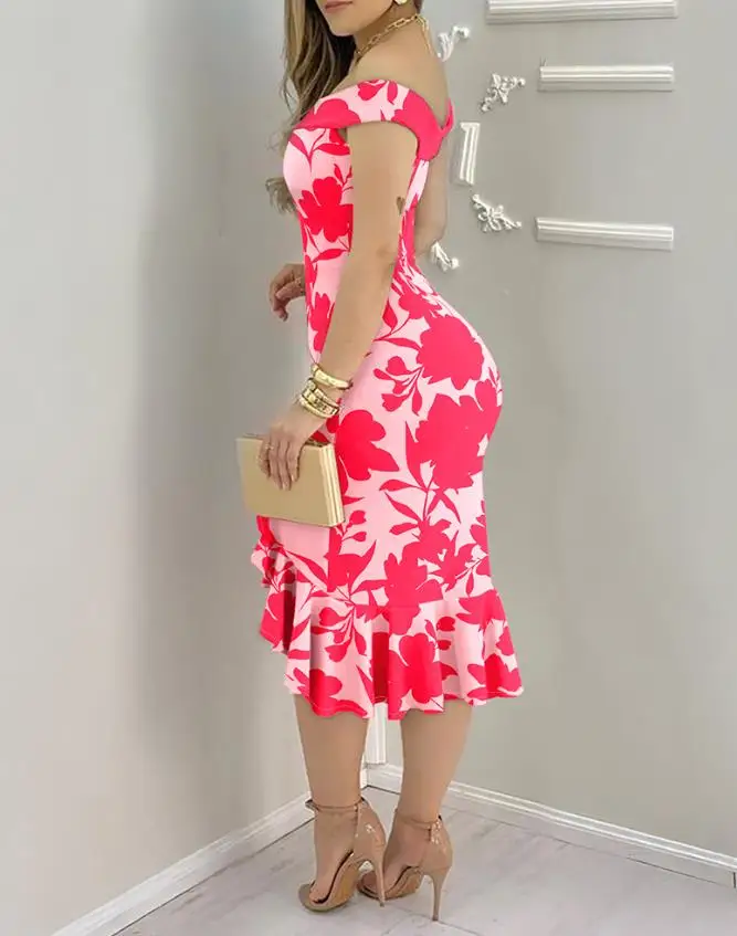 

2025 Women's Fashion Spring Summer Latest Hot Selling Dresses Floral Print Off Shoulder Bodycon Dress Ruffle Hem Slim Fit Dress
