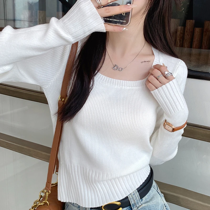 Jesienno-zimowy modny sweter Slim Knitted Pullover Women Square Collar Soft Solid Jumper Casual All Match Female Tops 2024 New