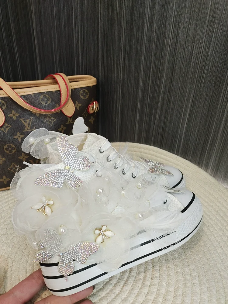 Women Sneakers Wedding Bride White Dress Lace Flats Canvas Fashion Shoes Silk Strap Special Personal Design Lovely Lady