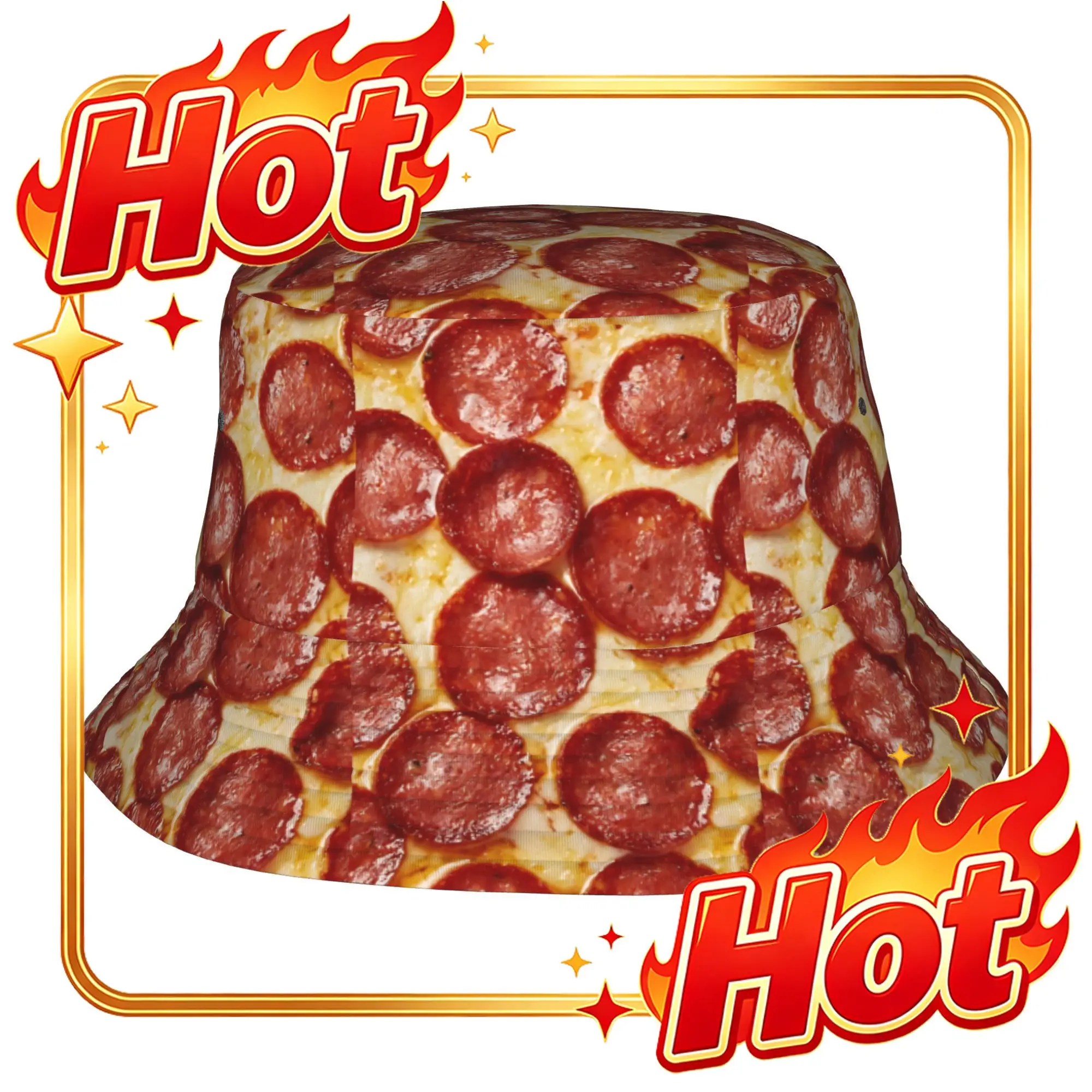Custom 1pc Rich Italian Spicy Sausage Pizza Fully Printed Fisherman Hat, Unisex Outdoor Sun Hat, Sun Hat, Fashionable Bucket Hat