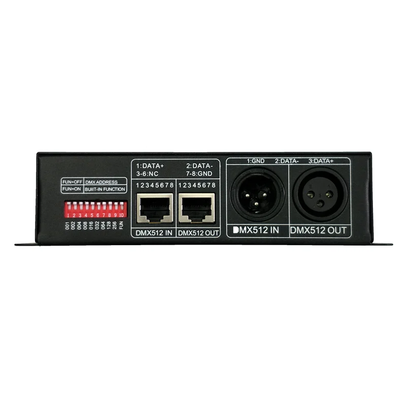 3CH 4CH standard DMX512 decoder, DC12-24V work 8A/CH LED controller, XLR3, RJ45 signal connector, DIP setting address