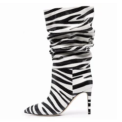 Arden Furtado 2024 Autumn zebra-stripe Pleated Short boots Pointed toe Patchwork Stilettos heels leopard print Modern boots