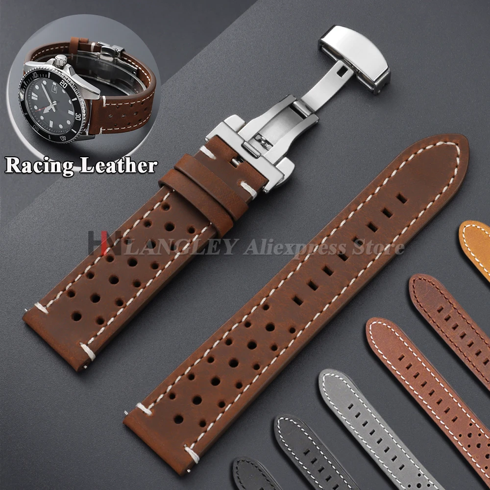 Vintage Cowhide Watch Straps 18mm 19mm 20mm 21mm 22mm 24mm Racing Leather Strap Butterfly Buckle Breathable Porous Replace Band