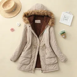 Winter Women Warm Hooded Cotton-padded Jacket Coat Medium-length Fleece Lining Slim Parkas Thicken Zipper Waist-fitted Chaquetas