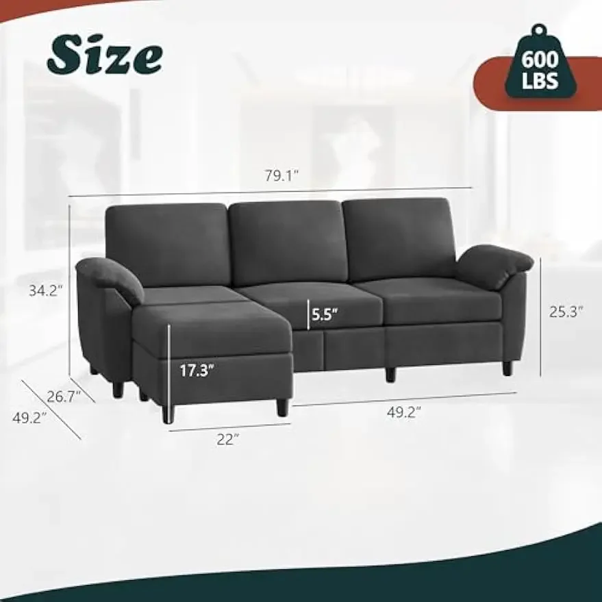 Sofá seccional convertible de 79", sofá en forma de L de 3 asientos con almohadas extraíbles, sofá pequeño de tela de lino de mediados de siglo