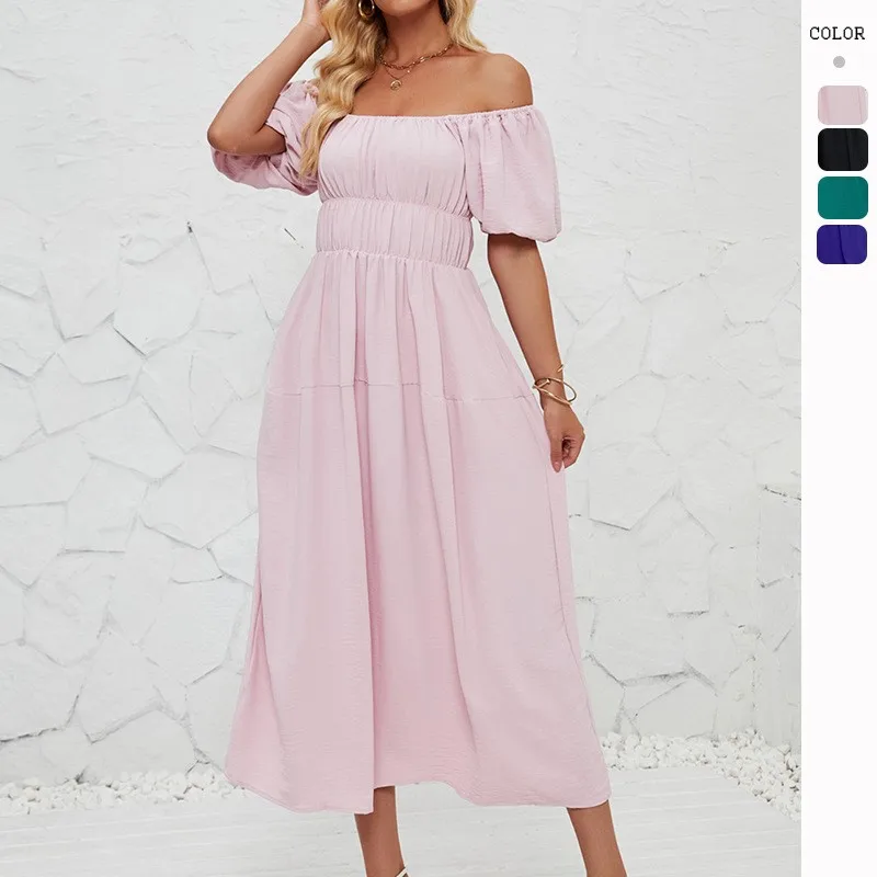 2025 Spring/Summer Fashion New Women's Off Shoulder Dress Casual Loose Bubble Sleeves Elegant Shrink Fold Dress