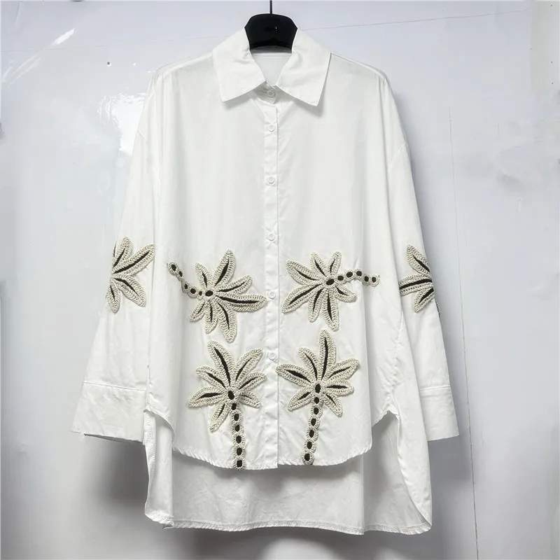 

Women Blouses Single Breasted Shirt Turn Down Collar Cardigan Embroidery Long Sleeve Blouse Loose Fit Spliced Casual 2025