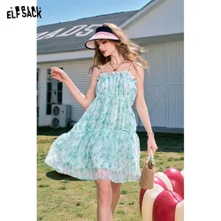 ELFSACK 2024 Summer New Arrivals Blue Printed Cute Princess Style Sleeveless Slim Sweet Chiffon Suspender Dress for Women