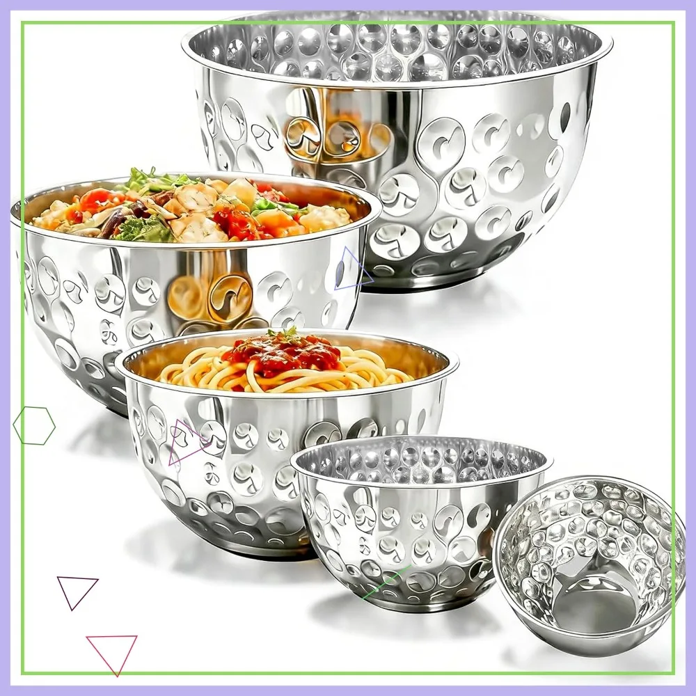 

5-Pack Stainless Steel Mixing Bowls Set, Hammered Silver Finish, Nesting Design for Cooking & Serving, Dishwasher Safe