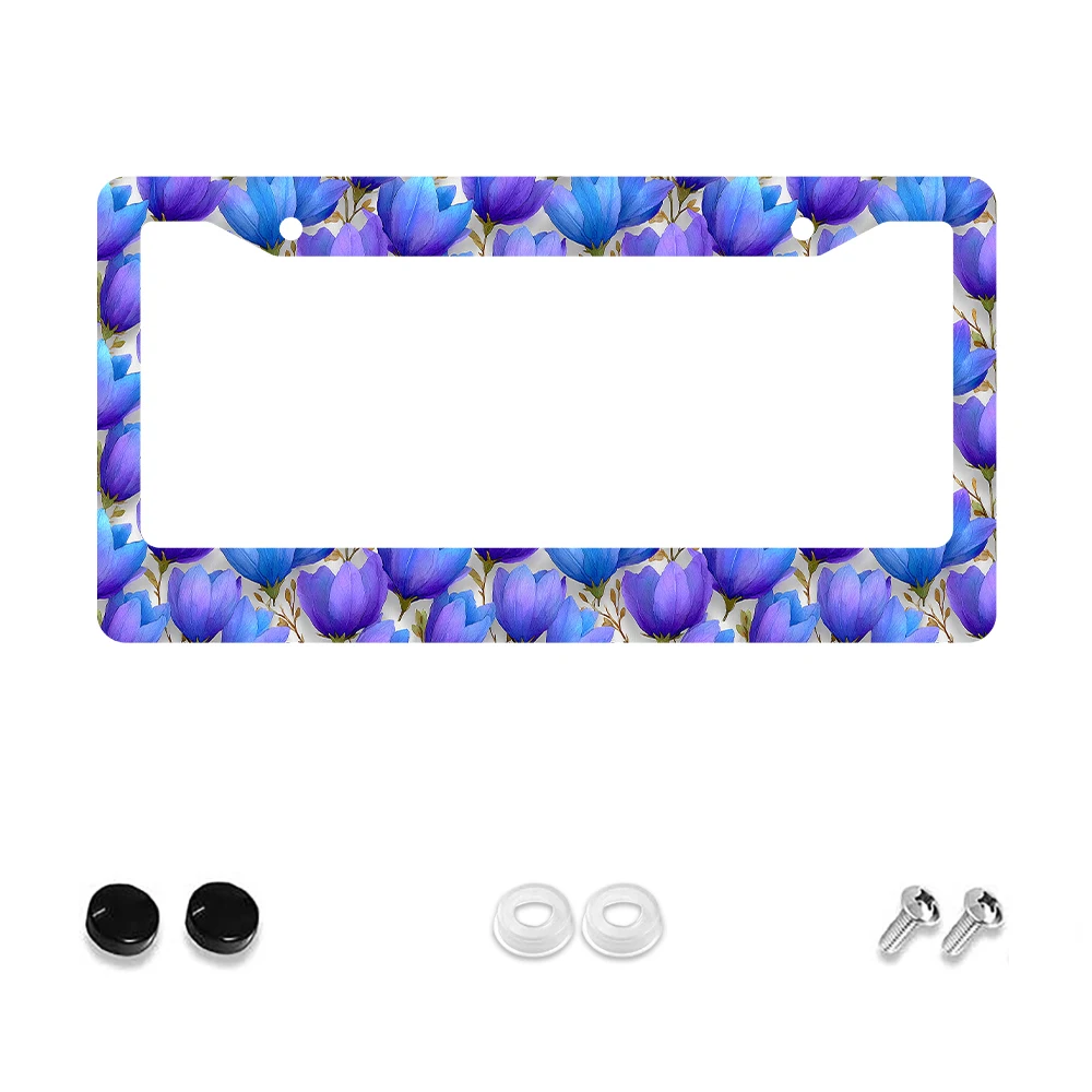 

1pc Blue and Purple Flower Pattern 2 Hole License Plate Frame, Aluminum Material, 6x12 Inches, with Screw Set, Retro Novelty Ca
