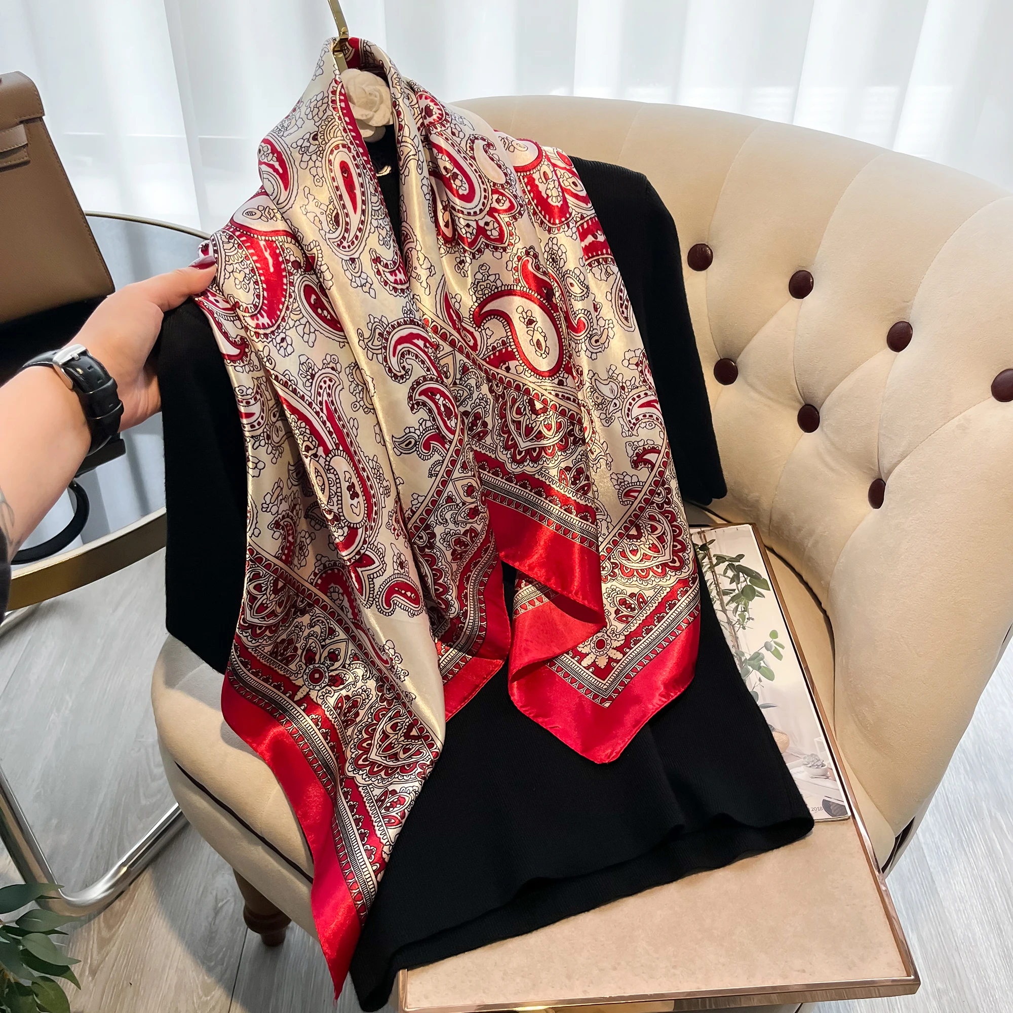 Luxury Silk Feeling Square Scarf Women Print Satin Neckerchief Spring Hair Band Foulard Bandana Echarpe Tie Shawl Wraps 2024 New