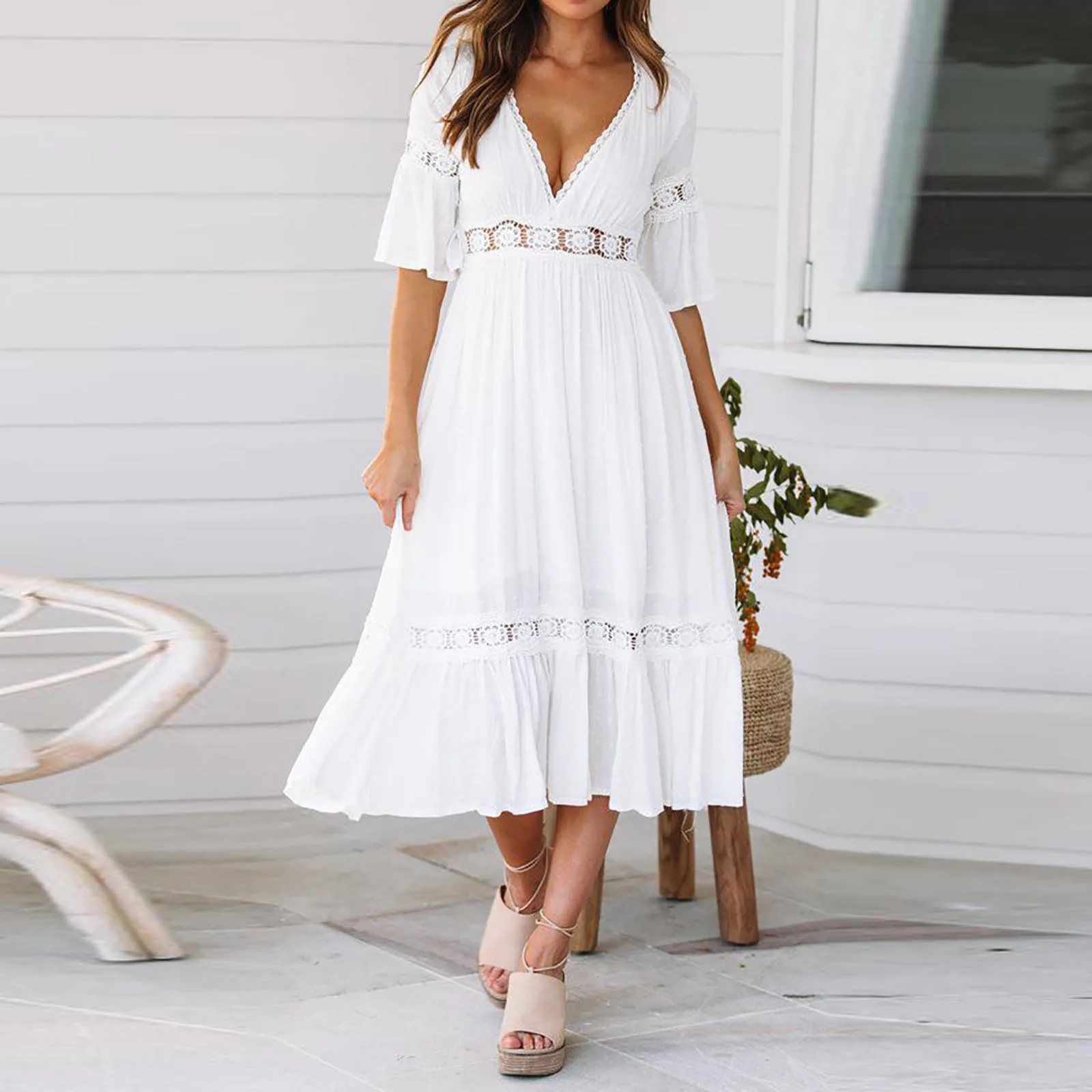 Summer White Long Dress Women Boho Hollow Out A Line Ruffles Dress Short Sleeve V-Neck Loose Fashion Casual Elegant Woman Dress