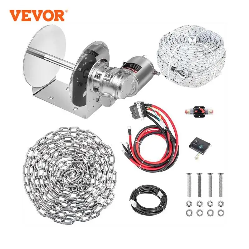 VEVOR Electric Anchor Winch/Boat Drum Winch 3000kg Max Load 6-8mm X 45-90M Rope Stainless Steel/Nylon Rope Guide Roller