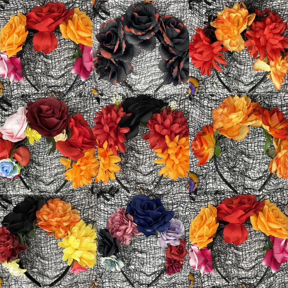 Cosplay Halloween Party Costume Headwear Photo Props Boho Mexican Rose Flower Crown Hawaiian Day of The Dead Headpiece for Women