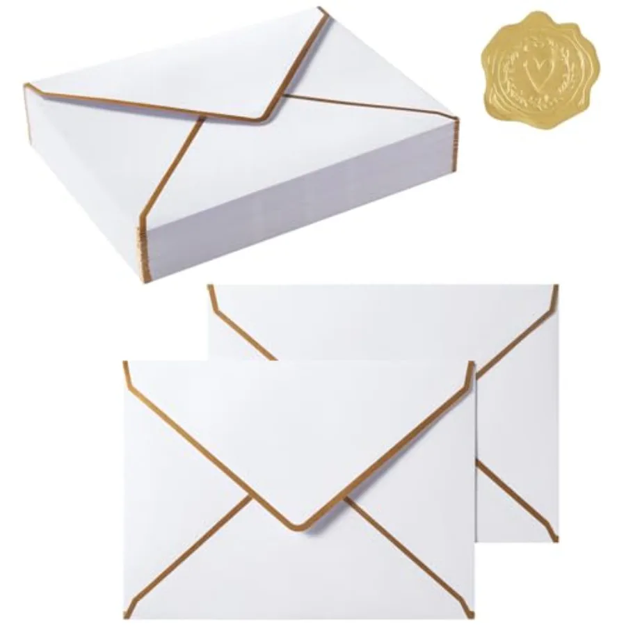 

50 Pieces A7 Envelopes with Gold Border, 5.24 x 7.21 Inch Envelopes with Gold Stickers for Greeting Cards and Invitation