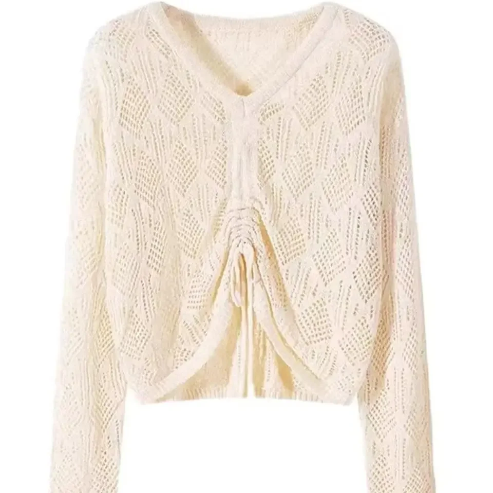 Aushöhlen Pullover Pullover Frühling Sommer 2025, Neue V-ausschnitt Sonnencreme Pullover Für Frauen Lose Elegante Kordelzug Kurze Top
