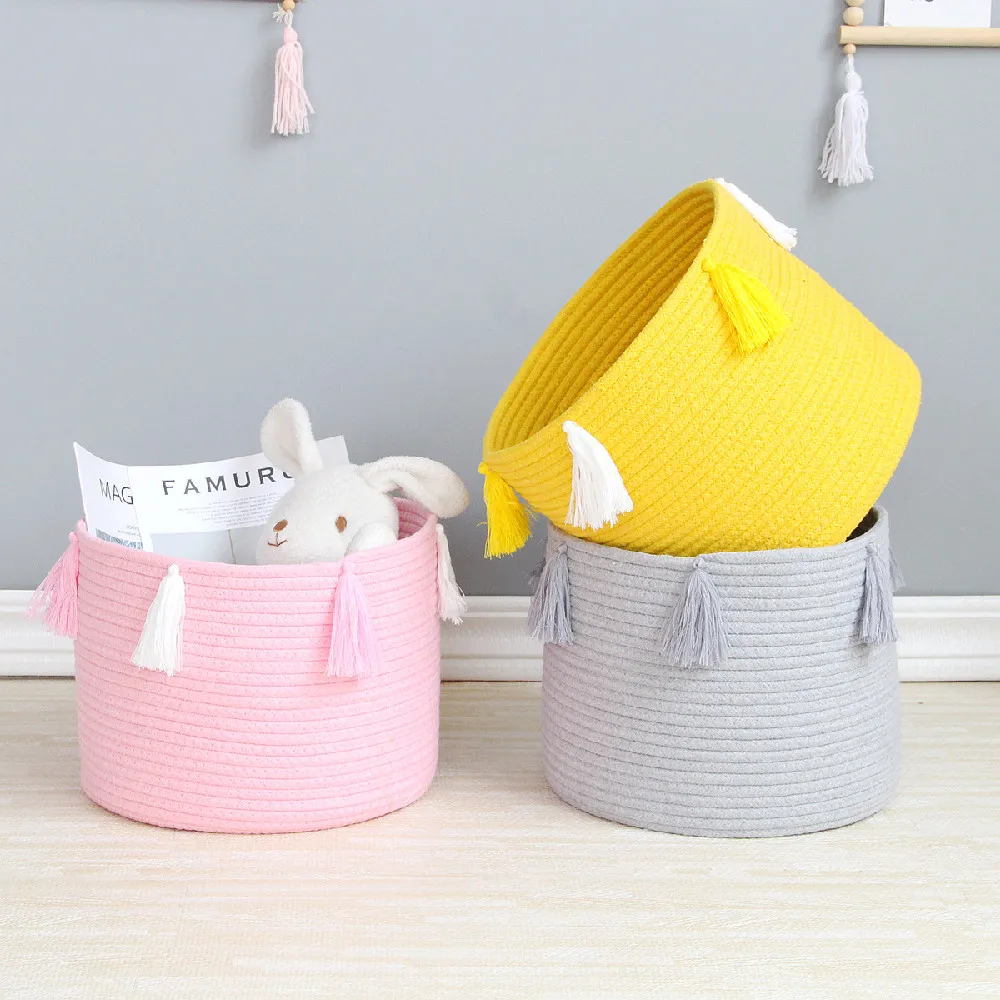 

New Toy Storage Bucket Pink Large Woven Tassel Dirty Laundry Basket Magazine Clothes Student Books Dormitory Home Storage Basket