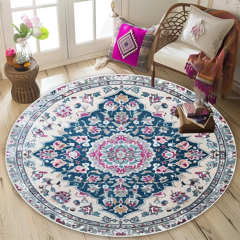 Persian Retro Style Round Carpet Living Room Bohemian Bedroom Decoration Washable Non-slip Rug Office Lounge Sofa Area Floor Mat