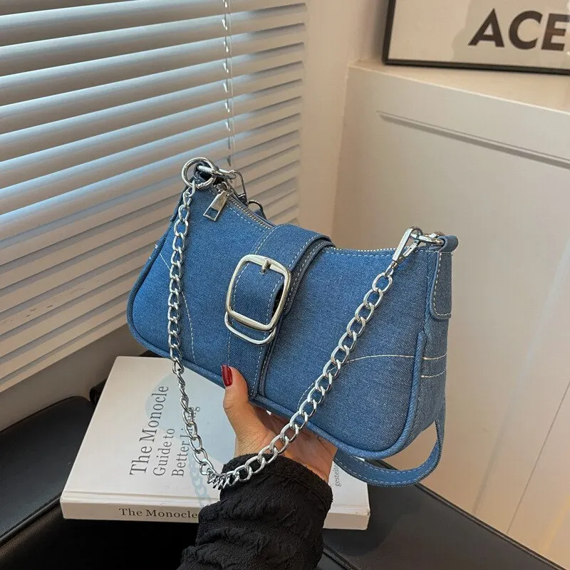 New Fashionable Popular Denim Personalized Design Exquisite Texture Shoulder Underarm Small Square Bag