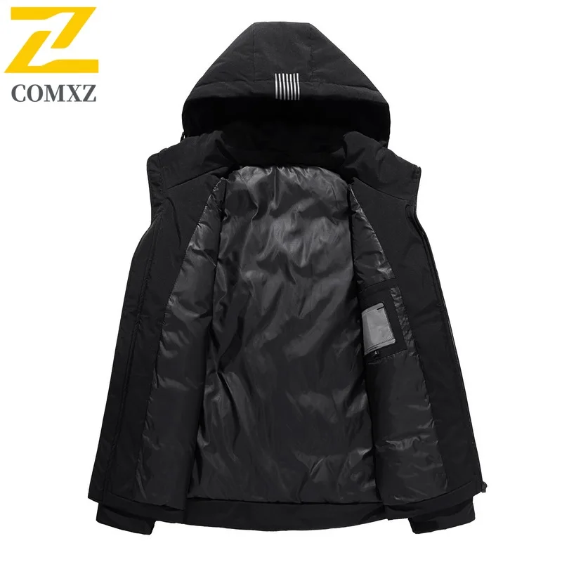 COMXZ Classic Men Down Jacket Splicing Hooded Outdoor Adventure Thickened Warm Parka Fashion Streetwear Style Autumn Winter Coat