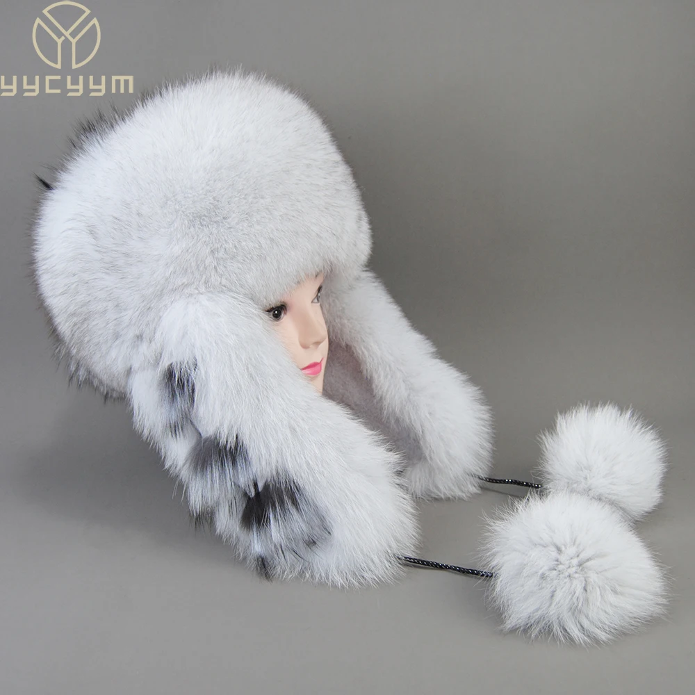 Real Fox Fur Hats For Women Winter Fashionable Stylish Russian Thick Warm Beanie Hat Natural Fluffy Fur Hat Fox Fur Bomber Hat