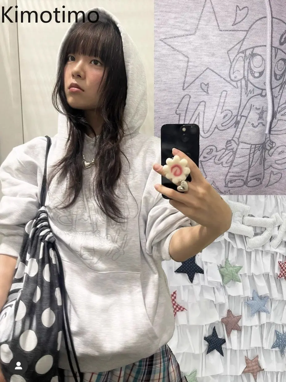 

Kimotimo Retro Cute Letter Printed Hoodies Women Korean Lazy Loose Long Sleeve Hooded Coats Simple Casual Versatile Sweatshirts